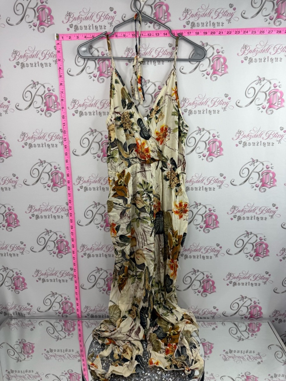 Jumpsuit one piece pants flowers Floral Cream with Green & Orange Floral